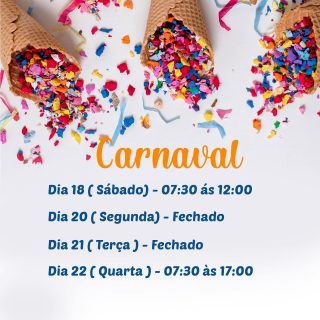 📣📣Atenção para nossos horários de atendimento neste Carnaval 🎉

Entre em contato com a nossa Centra de Vendas: 
☎️ (85) 99243-0104

#sorvete #confeitaria #sorveteria #açaiteria #chocolateria
#panificadora #doceria
